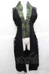 Qutie Frash / サイド編上チャイナ風ロングベスト  黒Ｘ緑 I-25-11-27-020-QU-TO-SA-ZI