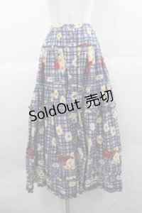 PINK HOUSE / チェック&マーガレット柄前開きスカート  ブルー I-25-12-02-079-LO-SK-SA-ZI