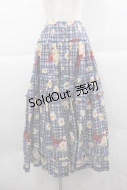 画像1: PINK HOUSE / チェック&マーガレット柄前開きスカート  ブルー I-25-12-02-079-LO-SK-SA-ZI