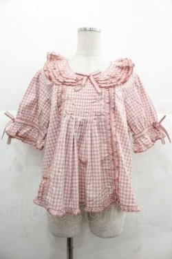画像1: PINK HOUSE / ギンガムチェックパッチワークフリルブラウス  ピンク I-25-12-02-004-LO-BL-SA-ZI