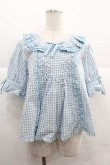 PINK HOUSE / ギンガムチェックパッチワークフリルブラウス  サックス I-25-12-02-005-LO-BL-SA-ZI