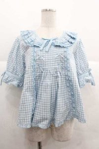 PINK HOUSE / ギンガムチェックパッチワークフリルブラウス  サックス I-25-12-02-005-LO-BL-SA-ZI