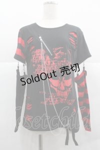 ACDC RAG / チェーン繋ぎクラッシュカットソー  黒Ｘ赤 I-25-12-06-038-PU-TO-SA-ZI
