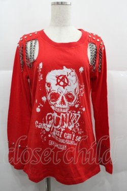 画像1: ACDC RAG / ドクロプリントチェーンカットソー  赤Ｘ白Ｘシルバー I-25-12-06-041-PU-TO-SA-ZI