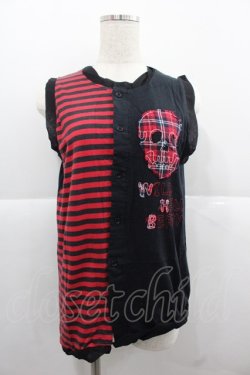 画像1: Banana Fish / ボーダー&チェックドクロ切替ノースリーブカーディガン  黒Ｘ赤 I-25-12-06-051-PU-TO-SA-ZI