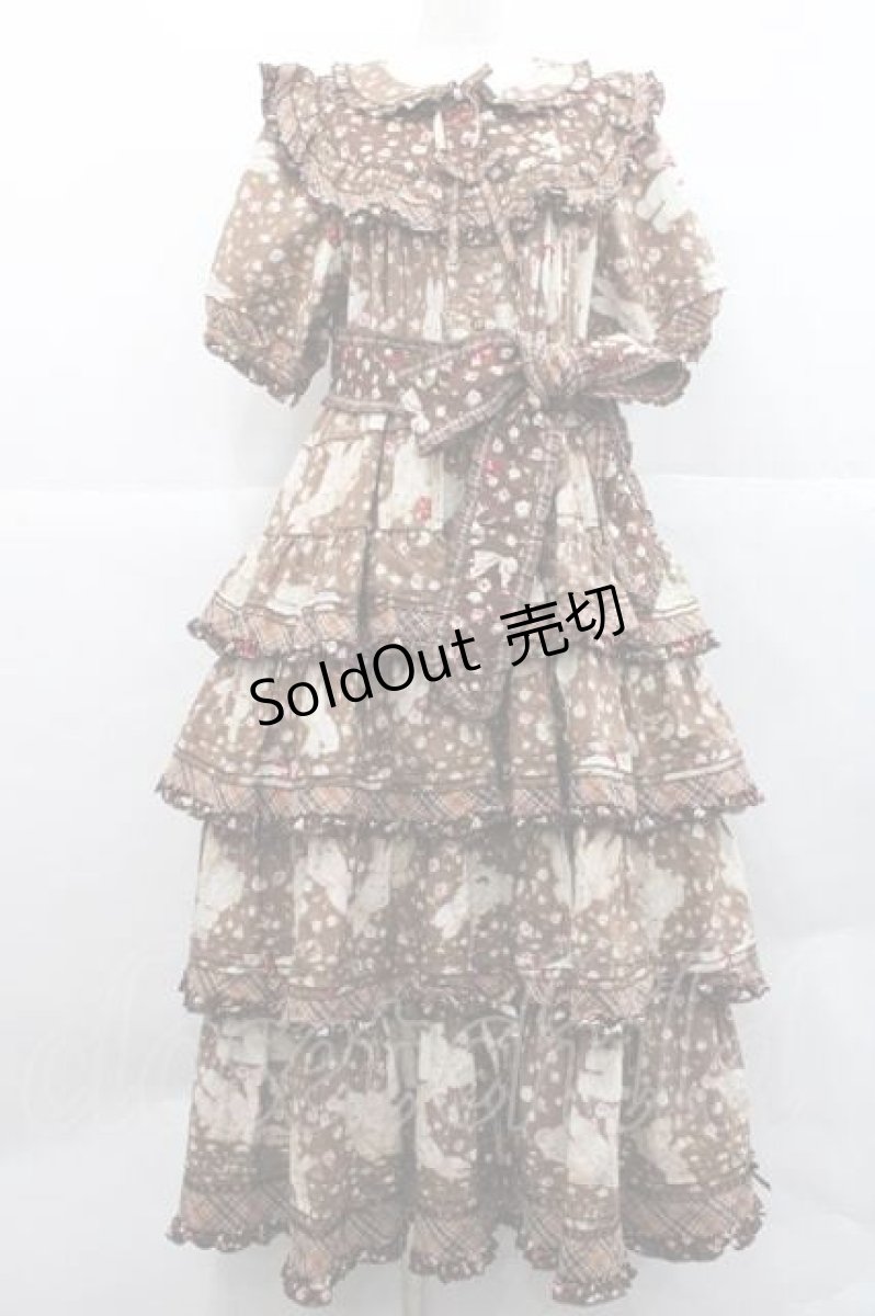 画像1: PINK HOUSE / バラ園うさぎプリントパッチワークワンピース  ブラウン I-25-12-09-060-LO-OP-SA-ZI (1)