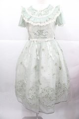 仲夏物語 / 鈴蘭リボン刺繍半袖ワンピース S グリーン I-25-12-13-121-EL-OP-SA-ZI