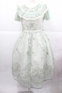 仲夏物語 / 鈴蘭リボン刺繍半袖ワンピース S グリーン I-25-12-13-121-EL-OP-SA-ZI