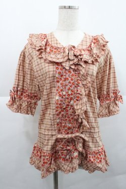 画像1: PINK HOUSE / いちごチェック切替半袖ブラウス  ピンク I-25-12-27-064-LO-BL-SA-ZI