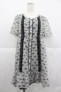 画像1: axes femme / 小花×ドットフロッキーワンピース  白Ｘ青Ｘ黒 I-25-12-29-076-AX-OP-SA-ZI