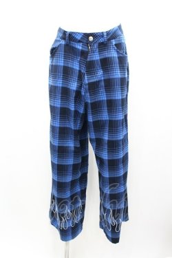 画像1: LISTEN FLAVOR / ファイヤー刺繍裾ジップスリットワイドパンツ L ブルーチェック I-26-01-04-078-PU-PA-SA-ZI