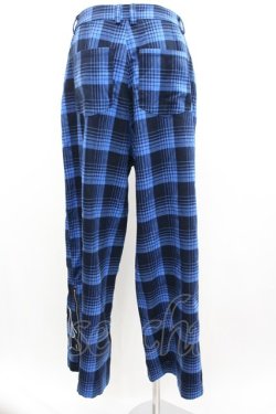 画像2: LISTEN FLAVOR / ファイヤー刺繍裾ジップスリットワイドパンツ L ブルーチェック I-26-01-04-078-PU-PA-SA-ZI