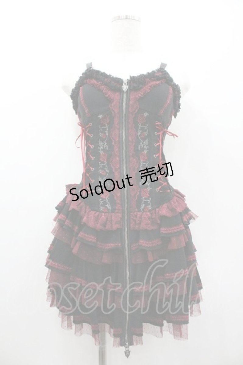 画像1: OZZ ANGELO / 薔薇刺繍サイド編み上げコルセットキャミワンピース  黒Ｘ赤 I-26-01-06-074-OO-OP-SA-ZI (1)