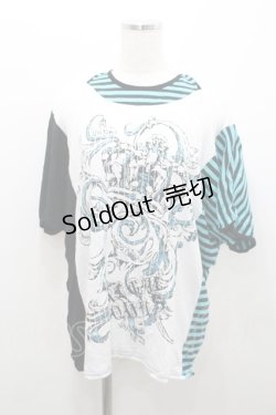 画像1: ALGONQUINS / クラウンプリントサイド切替半袖カットソー  白Ｘ黒Ｘサックス I-26-01-06-028-AL-TO-SA-ZI