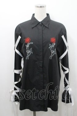 画像1: LISTEN FLAVOR / 薔薇とナイフ袖リボンシャツ  黒Ｘ白Ｘ赤 I-26-01-08-045-PU-BL-SA-ZI