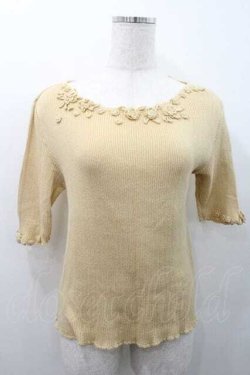 画像1: INGEBORG / モチーフ付き五分袖ニットトップス M イエロー I-26-01-10-051-LO-TO-SA-ZI