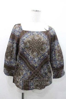 画像1: INGEBORG / スカーフパッチワーク柄スクエアネックブラウス M ブラウン I-26-01-10-058-LO-BL-SA-ZI