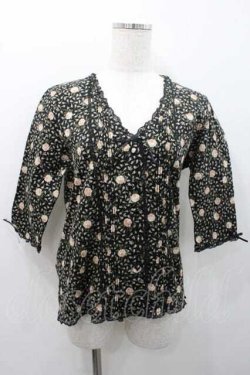 画像1: PINK HOUSE / 薔薇柄Vネック五分袖カットソーカーディガン L ブラック I-26-01-10-060-LO-TO-SA-ZI