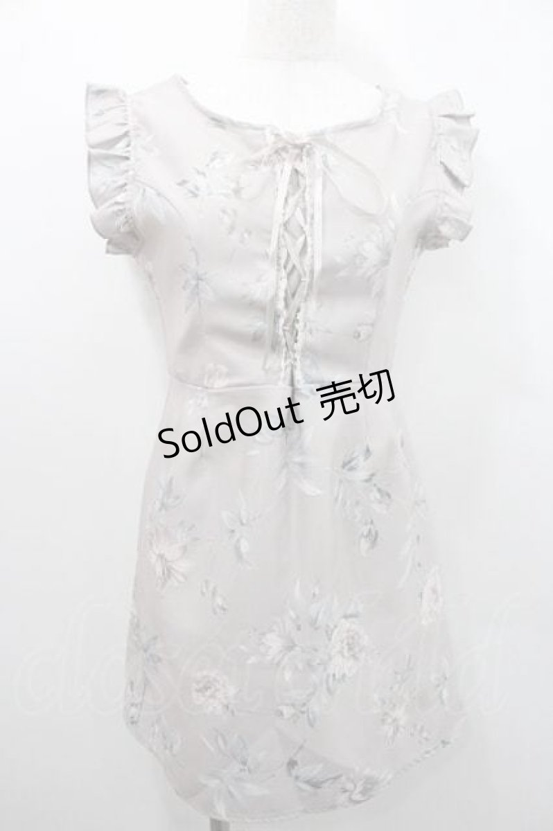 画像1: evelyn / フラワープリント編み上げリボンノースリーブワンピース  ピンクベージュ I-26-01-10-083-LO-OP-SA-ZI (1)