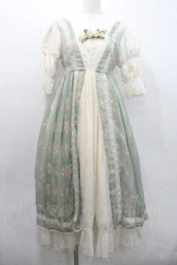 画像1: Miss Point / 薔薇プリントチュール重ね半袖ワンピース S グリーンＸアイボリー I-26-01-13-056-0-OP-SA-ZI