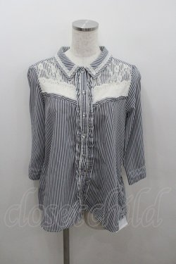 画像1: axes femme / レース切り替えロールアップシャツ  紺Ｘ白 I-26-01-22-007-0-BL-SA-ZI