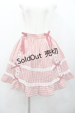 画像1: DearMyLove / はしごレースサス付きフリルリボンスカート LL 赤Ｘ白チェック I-26-01-24-076-EL-SK-SA-ZI