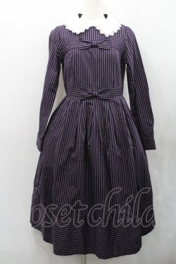 画像1: Melody BasKet / ダブルリボンレジメンタルストライプワンピース  ネイビー I-26-01-31-066-LO-OP-SA-ZI