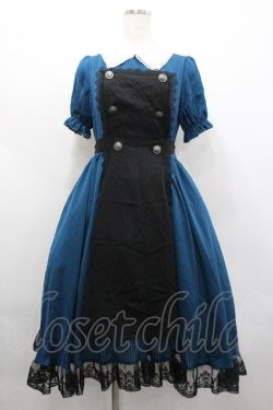 画像1: With Puji / 薔薇レース襟ストライプ半袖ワンピース M 青Ｘ白 I-26-02-01-026-EL-OP-SA-ZI