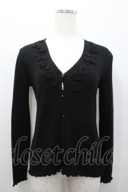 画像1: PINK HOUSE / モチーフ付きリブVネックカーディガン L ブラック I-26-02-06-031-LO-TO-SA-ZI