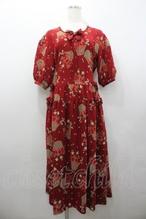 PINK HOUSE / カーネーションバスケット柄半袖ワンピース レッド I-26