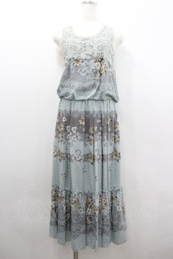 画像1: axes femme / フラワー&レースドットプリントノースリーブワンピース  ミントＸグレー I-26-02-08-065-AX-OP-SA-ZI