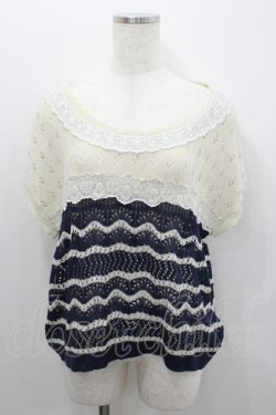 画像1: axes femme / かぎ編みニットトップス  オフｘネイビー I-26-02-08-015-AX-TO-HR-ZI