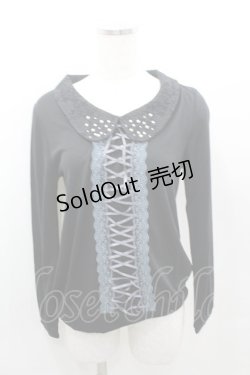 画像1: axes femme / 編み上げリボンパール襟カットソー  黒Ｘ青 I-26-02-11-052-AX-TO-SA-ZI