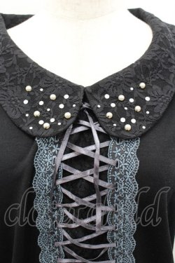 画像2: axes femme / 編み上げリボンパール襟カットソー  黒Ｘ青 I-26-02-11-052-AX-TO-SA-ZI