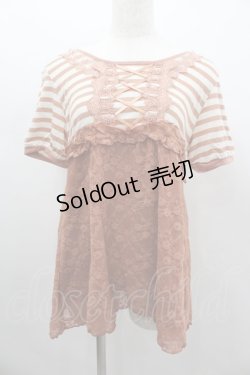 画像1: axes femme / ボーダーレース切り替え半袖カットソー  オレンジＸ白 I-26-02-11-063-AX-TO-SA-ZI