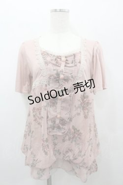 画像1: axes femme / ローズブーケプリントシフォン切り替え半袖カットソー  ピンク I-26-02-11-009-AX-TO-SA-ZI