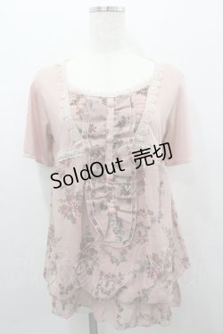 画像1: axes femme / ローズブーケプリントシフォン切り替え半袖カットソー  ピンク I-26-02-11-010-AX-TO-SA-ZI