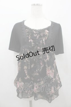 画像1: axes femme / ローズブーケプリントシフォン切り替え半袖カットソー  黒 I-26-02-11-011-AX-TO-SA-ZI