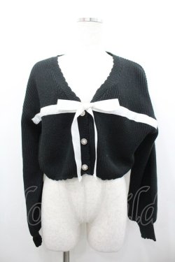 画像1: axes femme POETIQUE / リボンデザインショートカーディガン  黒Ｘ白 I-26-02-15-004-AX-TO-SA-ZI