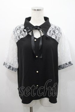 画像1: Audrey / レース切り替え半袖ブラウス  黒ｘ白 I-26-02-15-048-LO-BL-SA-ZI