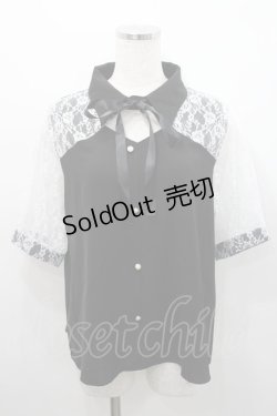 画像1: Audrey / レース切り替え半袖ブラウス  黒ｘ白 I-26-02-15-048-LO-BL-SA-ZI