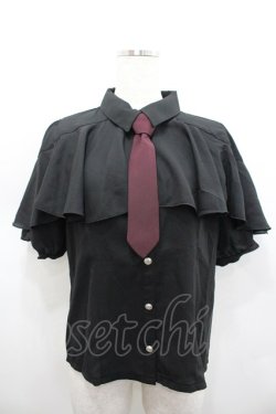 画像1: axes femme POETIQUE / タイ付ラッフルフリル半袖ブラウス  黒 I-26-02-15-002-AX-BL-HR-ZI