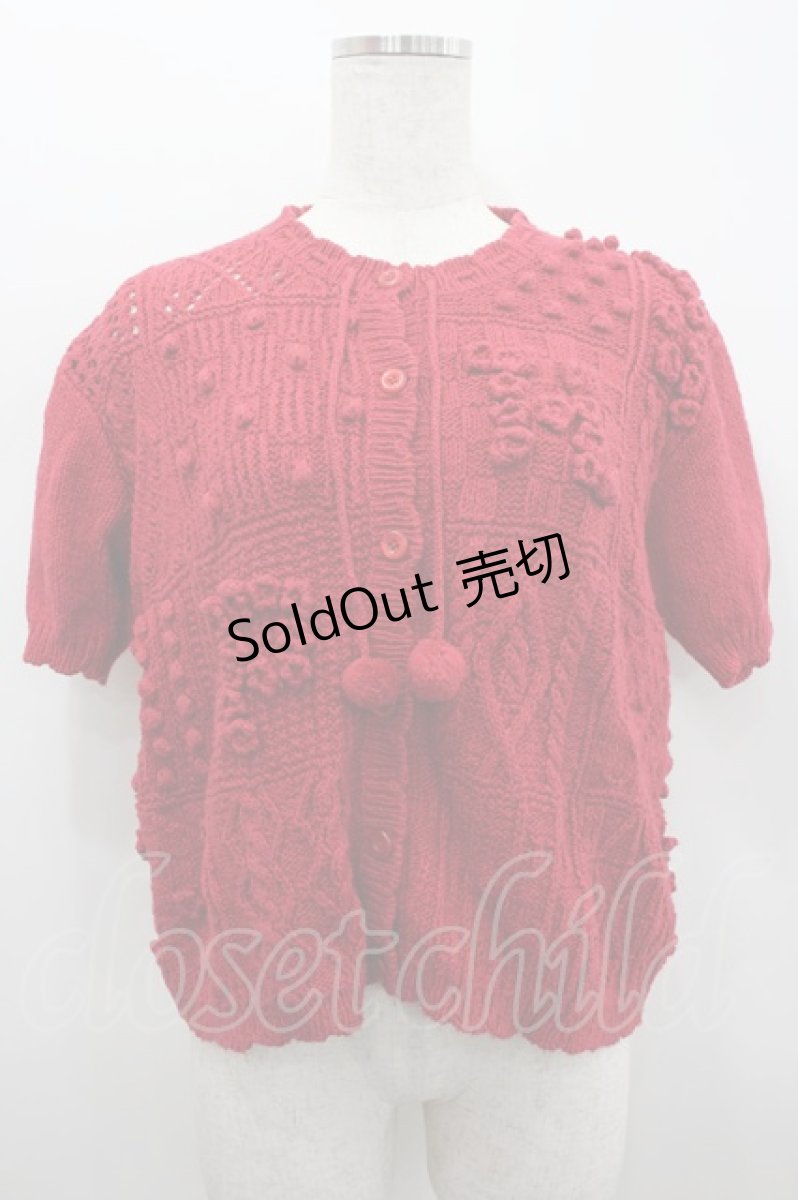 画像1: PINK HOUSE / フラワーモチーフパッチワーク半袖ニットカーディガン  レッド I-26-02-18-012-LO-TO-SA-ZI (1)