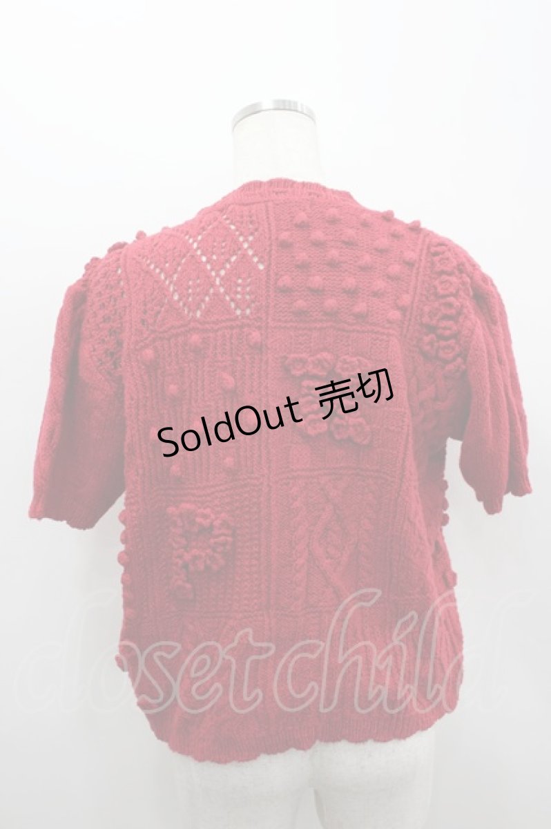 画像3: PINK HOUSE / フラワーモチーフパッチワーク半袖ニットカーディガン  レッド I-26-02-18-012-LO-TO-SA-ZI (3)