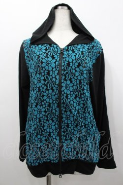 画像1: ALGONQUINS / フラワーレース切替フードパーカー  黒Ｘ青 I-26-02-25-028-AL-TO-SA-ZI