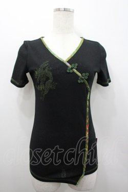 画像1: Ozz On / チャイナボタン&龍刺繍半袖トップス  黒Ｘ緑 I-26-02-25-033-OO-TO-SA-ZI