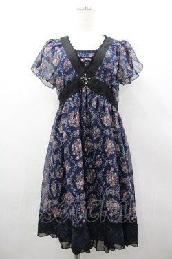 画像1: axes femme / バラオーナメントフレームワンピース M 紺 I-26-03-02-064-AX-OP-TE-ZI