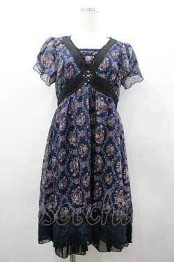 画像1: axes femme / バラオーナメントフレームワンピース M 紺 I-26-03-02-065-AX-OP-TE-ZI