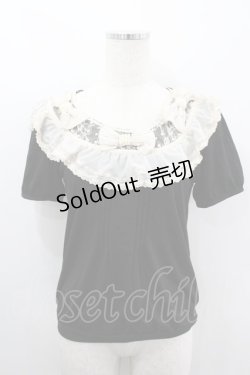 画像1: axes femme / パールシフォンリボンフリル半袖カットソー  黒Ｘアイボリー I-26-03-06-020-AX-TO-SA-ZI