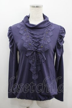 画像1: axes femme / フロント編み上げレースハイネックカットソー M パープル I-26-03-06-033-AX-TO-SA-ZI